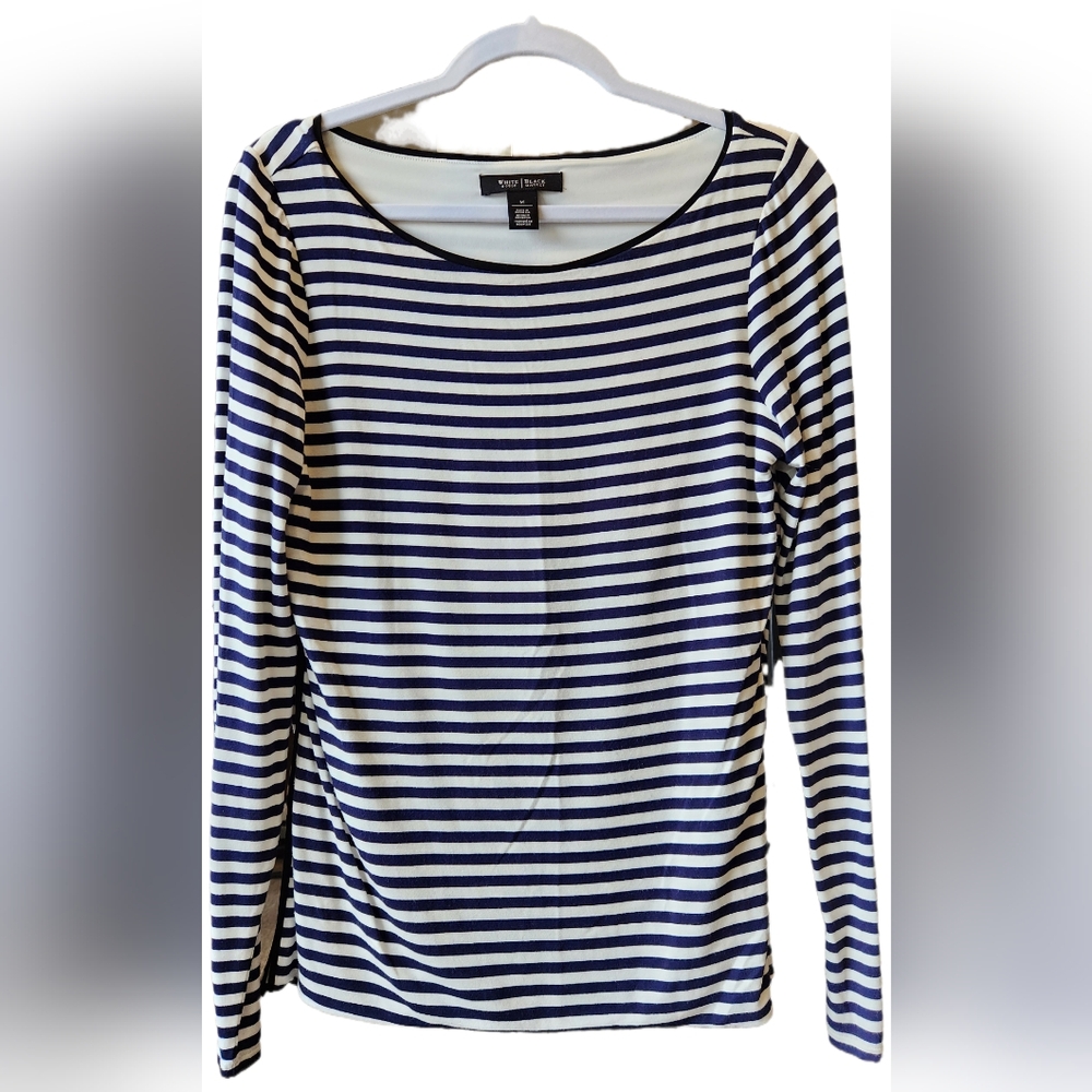 White House Black Market navy and cream striped shirt with zipper up the side